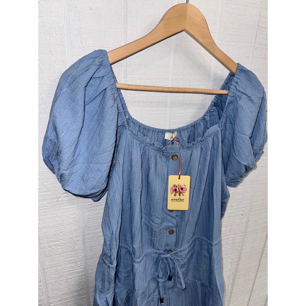 Entro Romper Womens Blue Puff Sleeve Button Drawstring Ruffle Hem Small R22792 - Picture 3 of 8